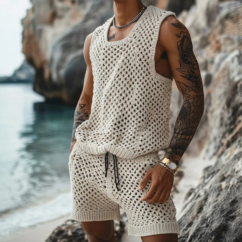 Men's summer knitted two-piece set featuring a sleeveless top and shorts, made from comfortable cotton material, perfect for casual outings.