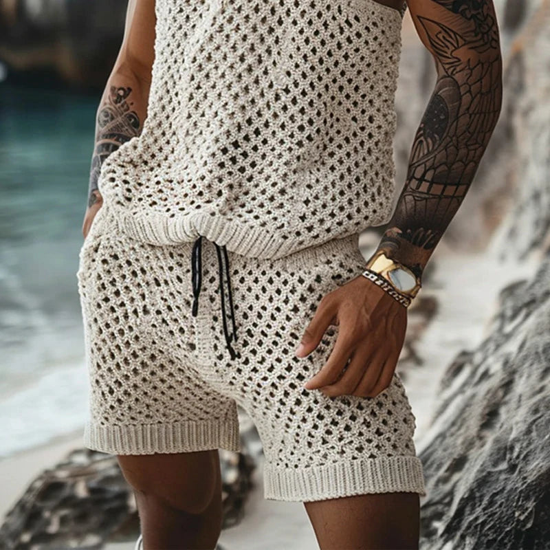 Men's summer knitted two-piece set featuring a sleeveless top and shorts, made from comfortable cotton material, perfect for casual outings.