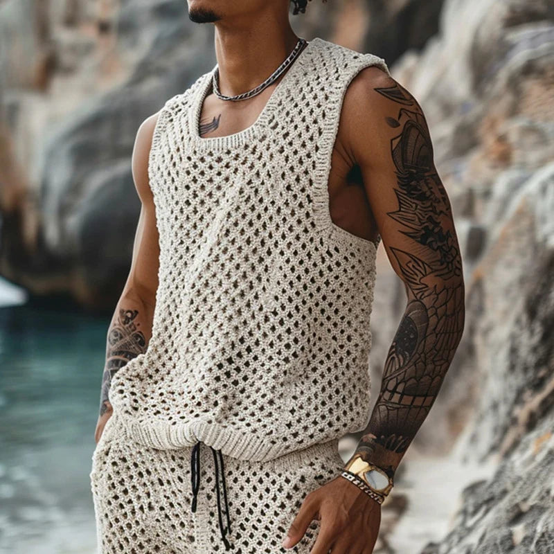Men's summer knitted two-piece set featuring a sleeveless top and shorts, made from comfortable cotton material, perfect for casual outings.