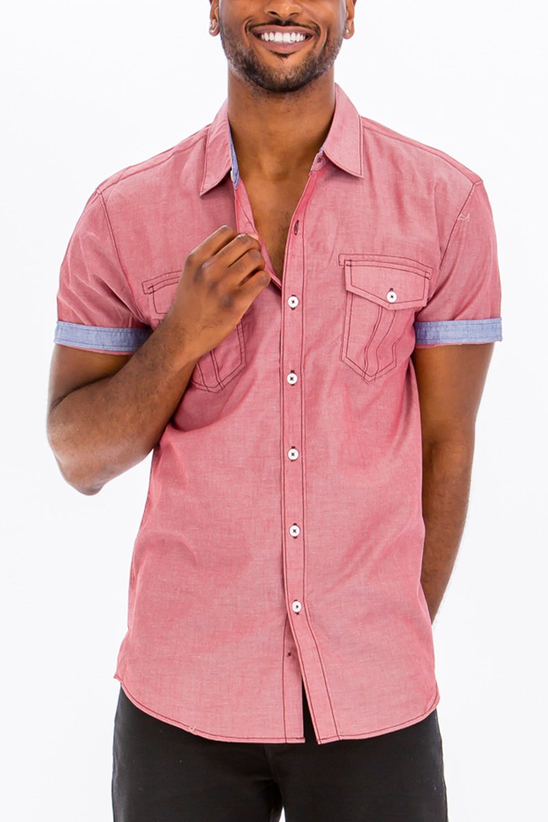 Outline Stitch Short Sleeve Button Down Shirt displayed on a model, showcasing its stylish design and comfortable fit.