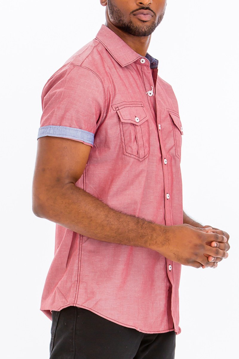 Outline Stitch Short Sleeve Button Down Shirt displayed on a model, showcasing its stylish design and comfortable fit.