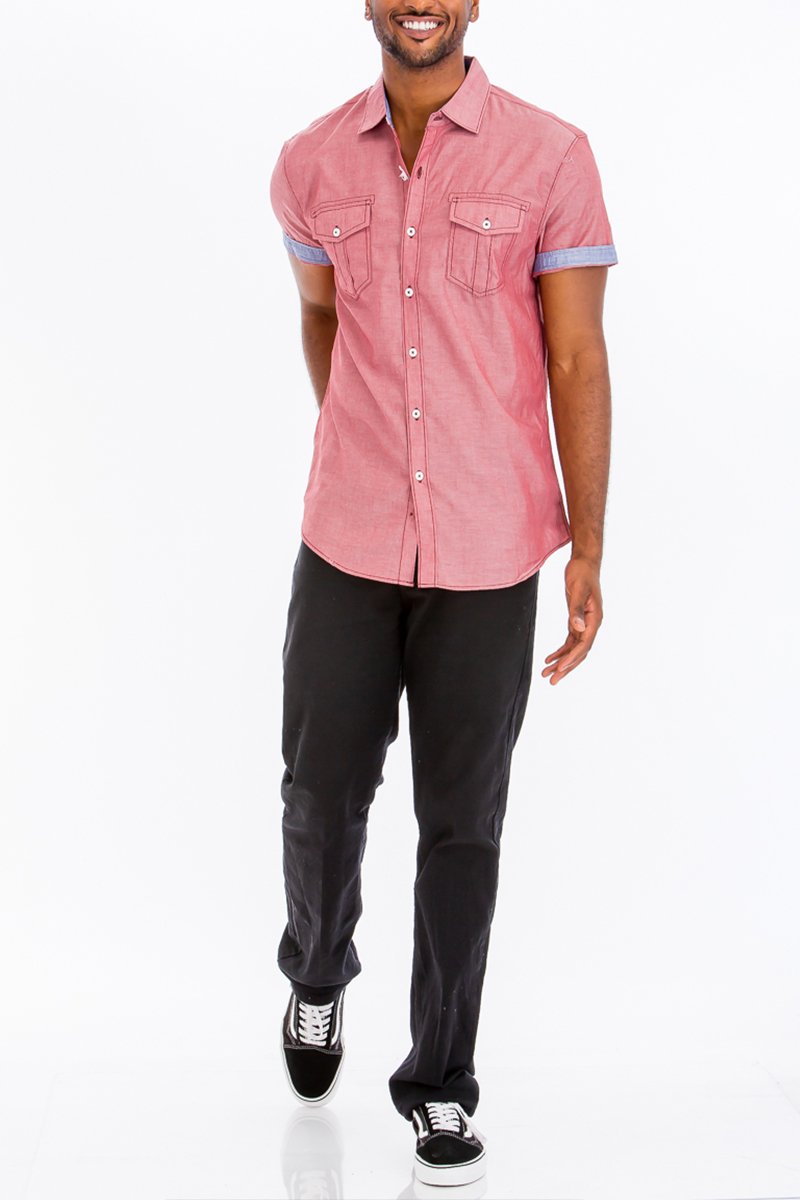 Outline Stitch Short Sleeve Button Down Shirt displayed on a model, showcasing its stylish design and comfortable fit.