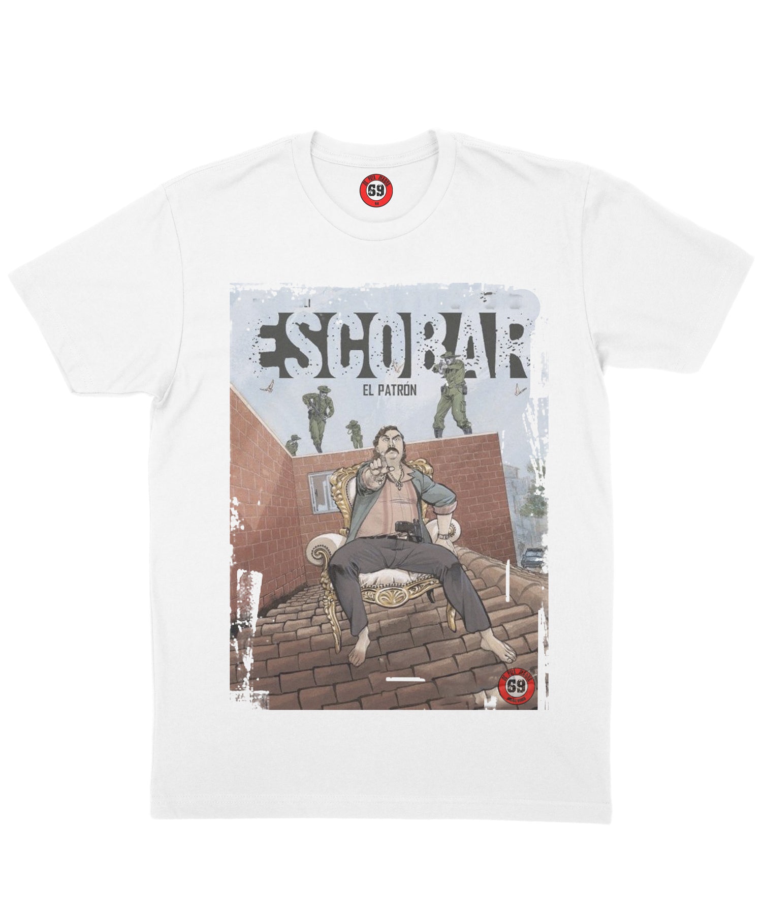 Pablo Escobar el Padron White t-shirt featuring unique handmade prints and the DPM69 logo, crafted from breathable jersey cotton.