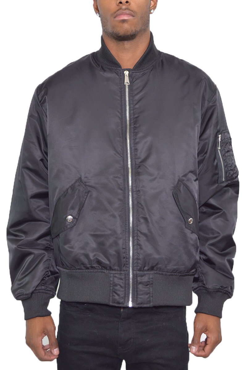 A stylish padded bomber jacket in black with utility sleeve pocket and snap button pocket, perfect for casual and outdoor wear.