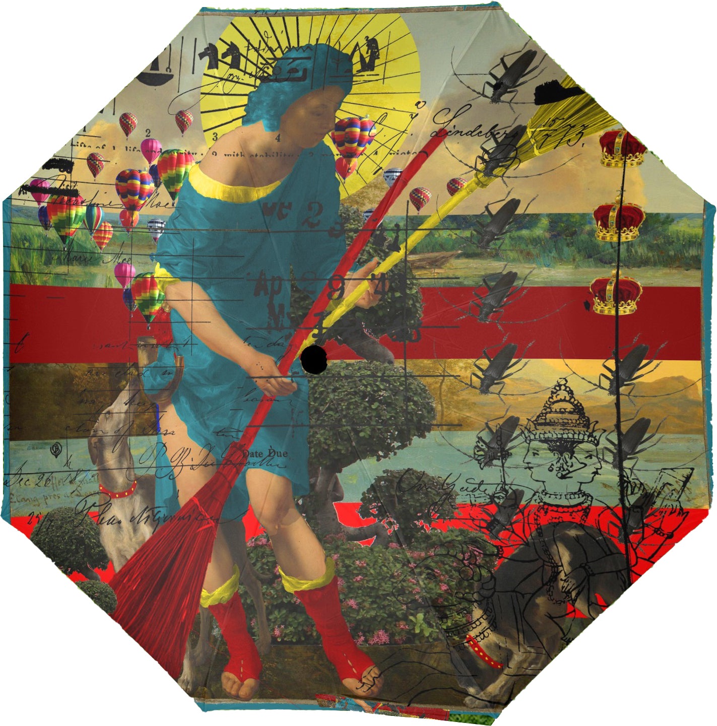 PASSING OUT THE BROOMS II Semi-Automatic Foldable Umbrella featuring vibrant collage designs and a comfortable foam handle.