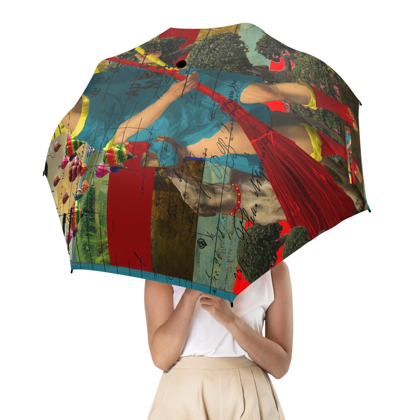 PASSING OUT THE BROOMS II Semi-Automatic Foldable Umbrella featuring vibrant collage designs and a comfortable foam handle.