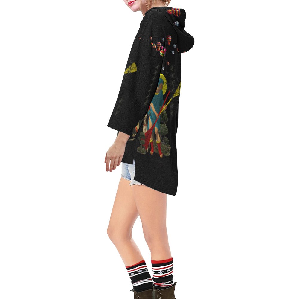 PASSING OUT THE BROOMS IV Unisex Step Hem Tunic Hoodie featuring a drawstring hood, v-neckline, and vibrant collage designs.