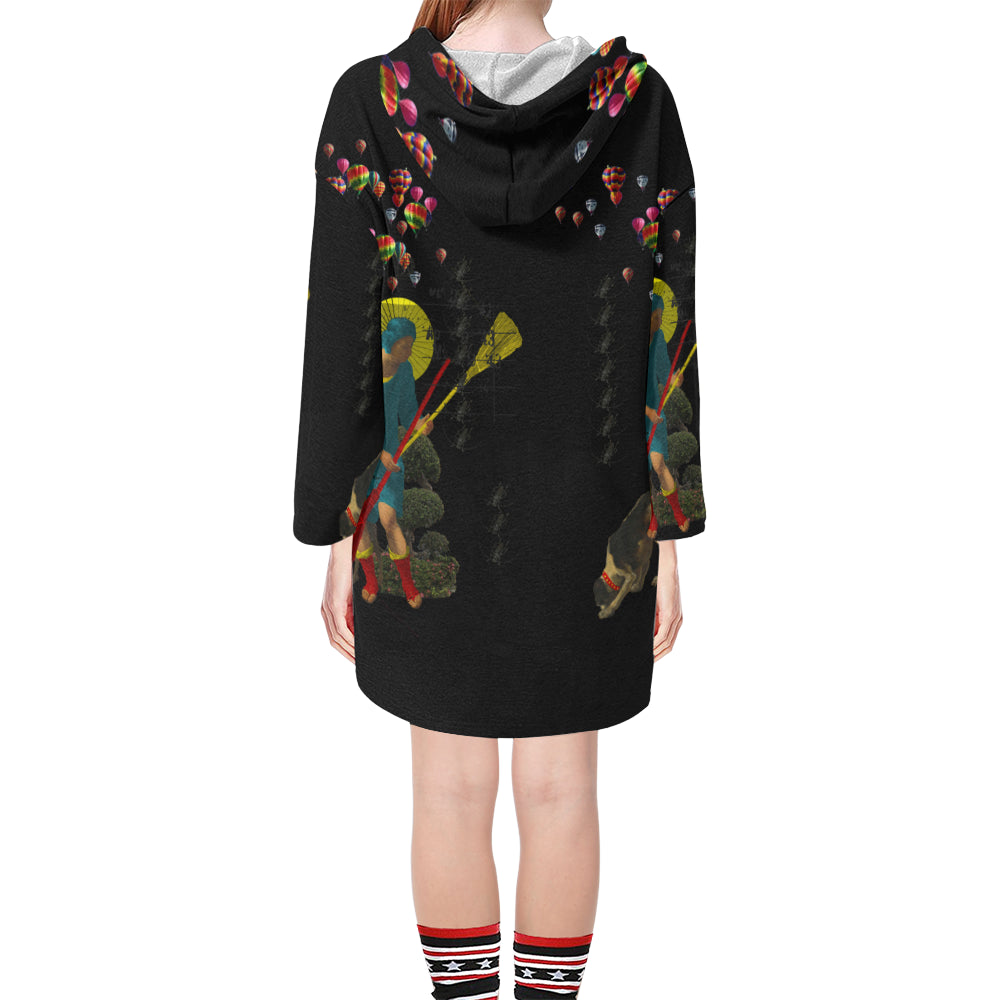 PASSING OUT THE BROOMS IV Unisex Step Hem Tunic Hoodie featuring a drawstring hood, v-neckline, and vibrant collage designs.