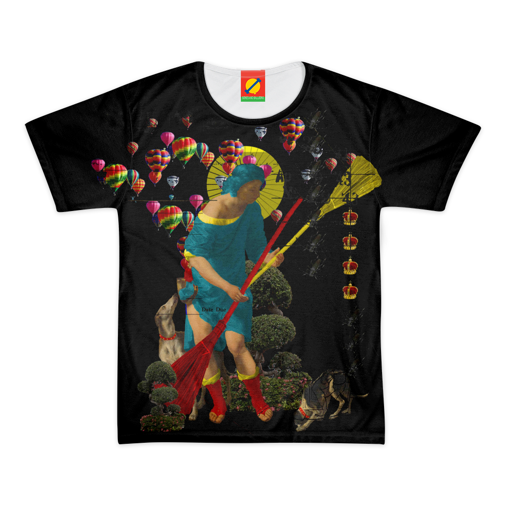 A vibrant women's all over print tee featuring colorful designs, made from 100% cotton with a classic round neck.