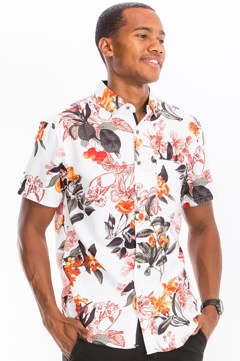 A stylish PEACHY HBDS shirt made from 100% polyester, featuring a button closure and chest pocket, displayed on a model.