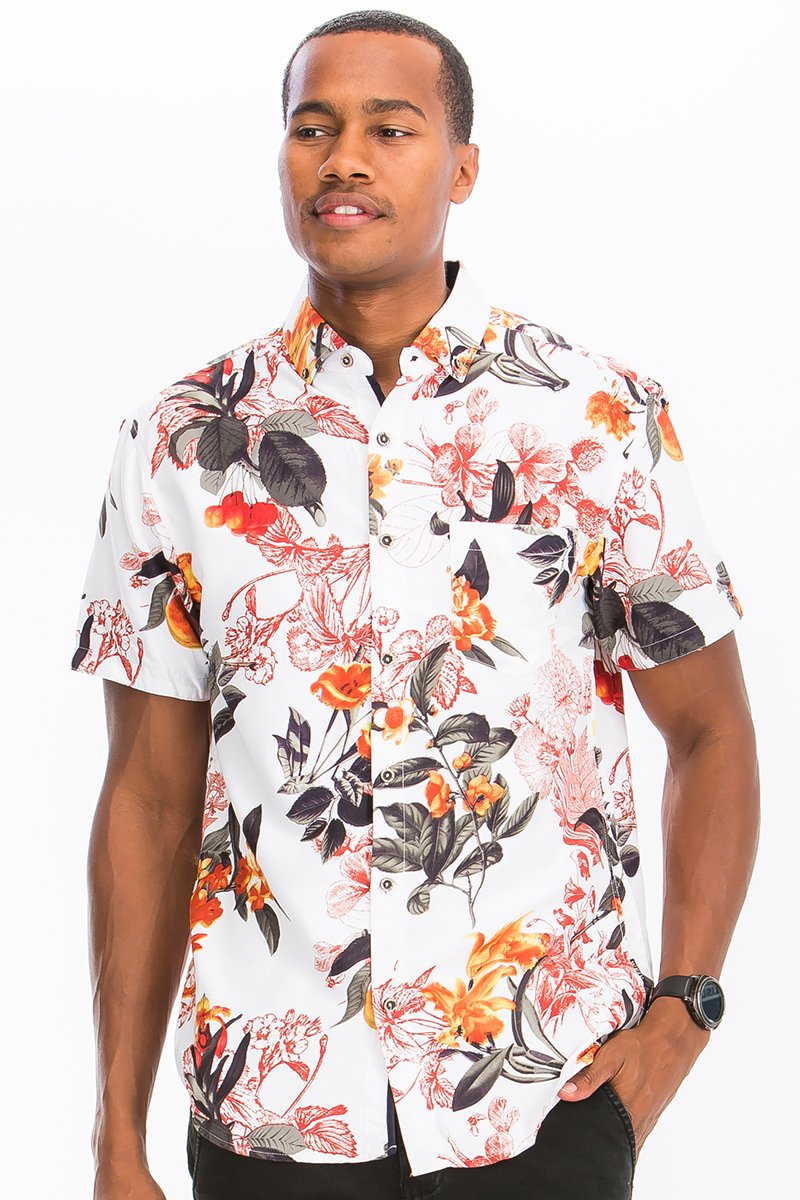 A stylish PEACHY HBDS shirt made from 100% polyester, featuring a button closure and chest pocket, displayed on a model.