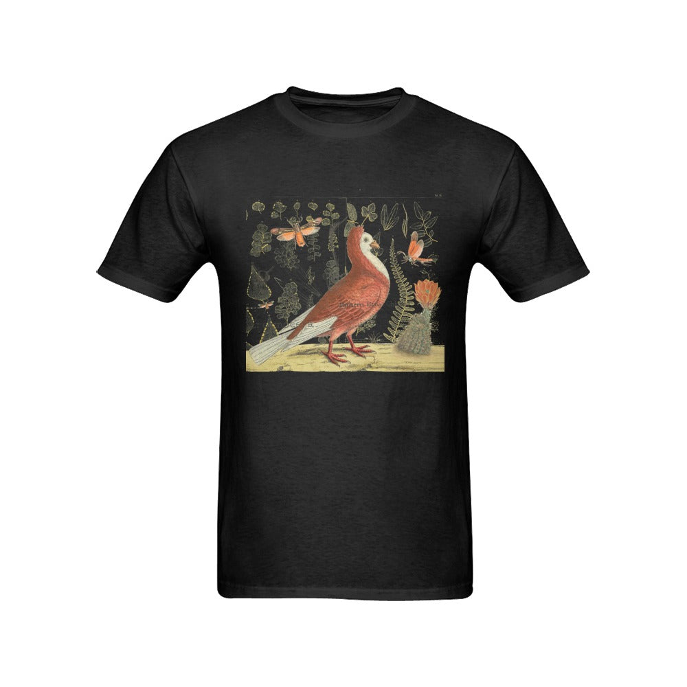 Pigeon and Cactus Men's Printed Cotton Tee Shirt featuring vintage nature illustrations in a stylish design.
