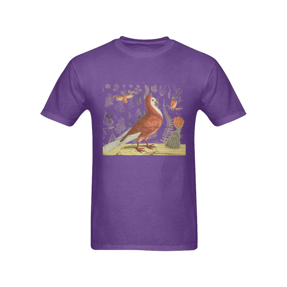 Pigeon and Cactus Men's Printed Cotton Tee Shirt featuring vintage nature illustrations in a stylish design.