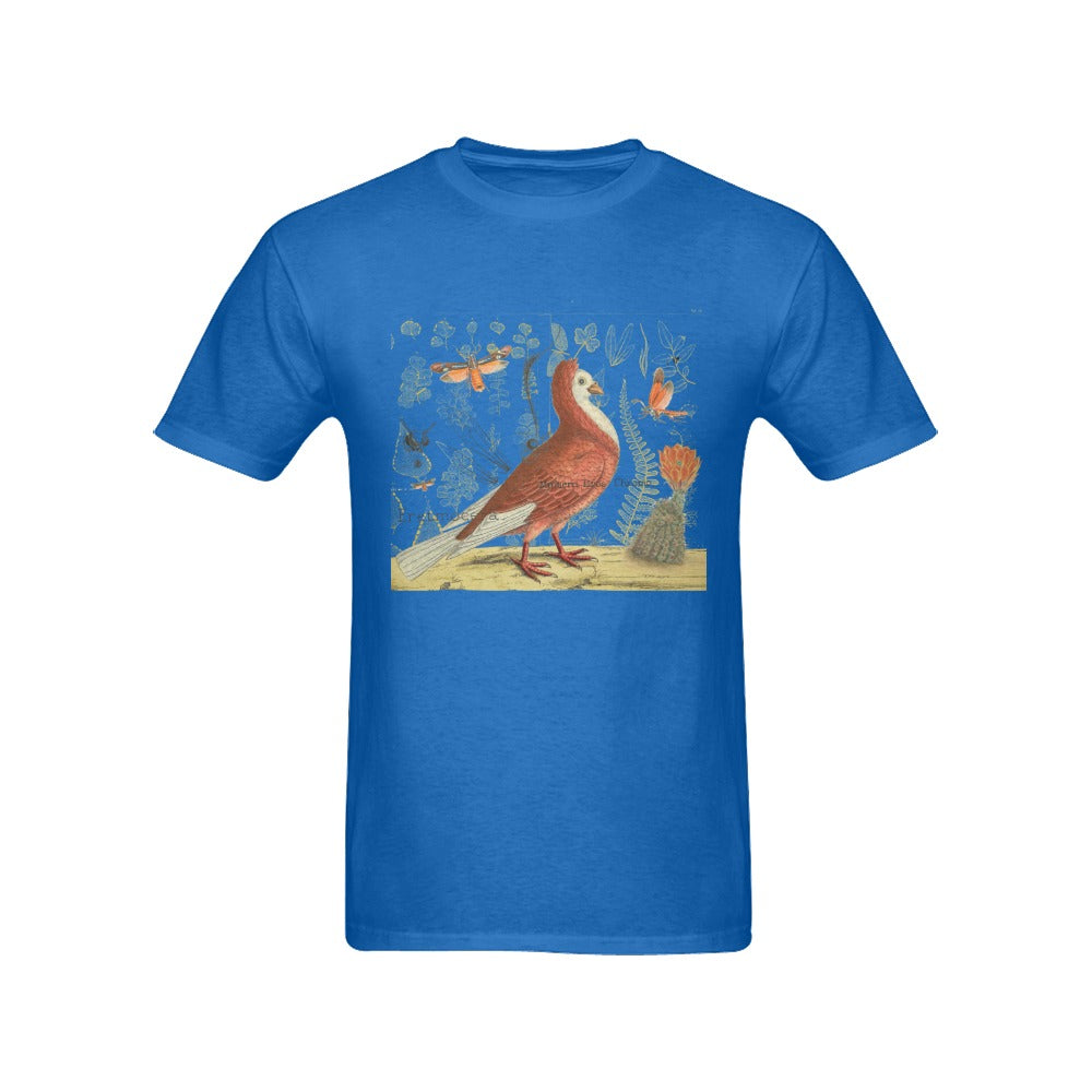 Pigeon and Cactus Men's Printed Cotton Tee Shirt featuring vintage nature illustrations in a stylish design.