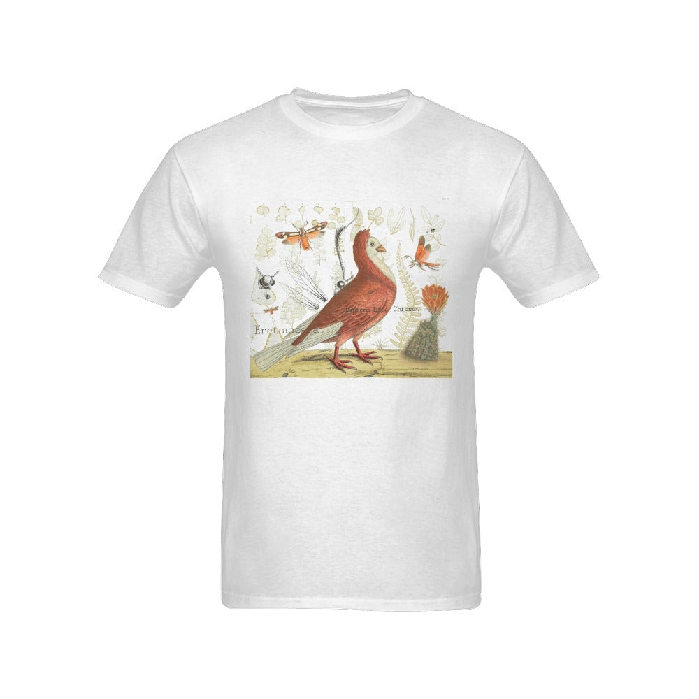 Pigeon and Cactus Men's Printed Cotton Tee Shirt featuring vintage nature illustrations in a stylish design.