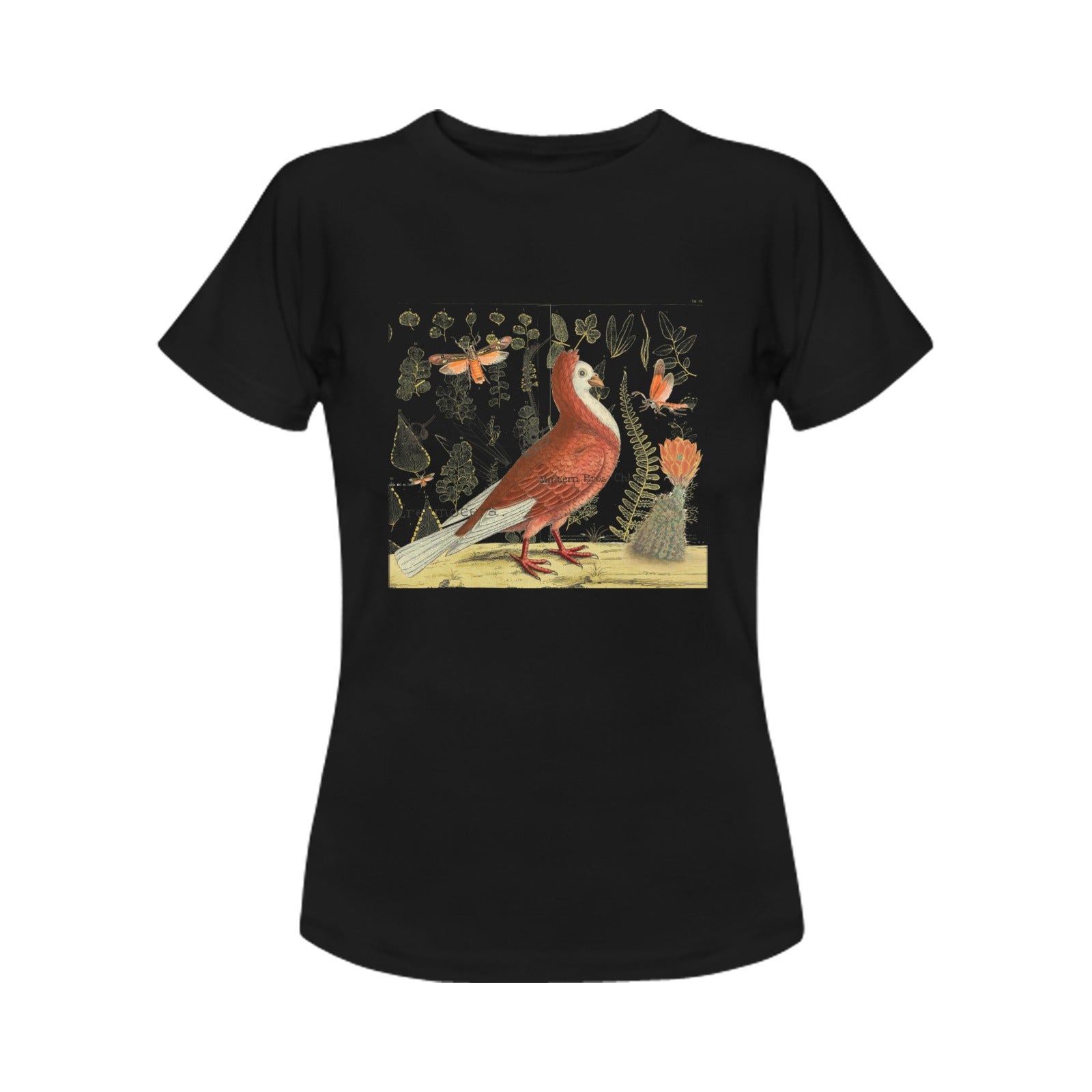 Pigeon and Cactus Women's Printed Cotton Tee Shirt featuring vintage nature illustrations on a classic cotton fabric.