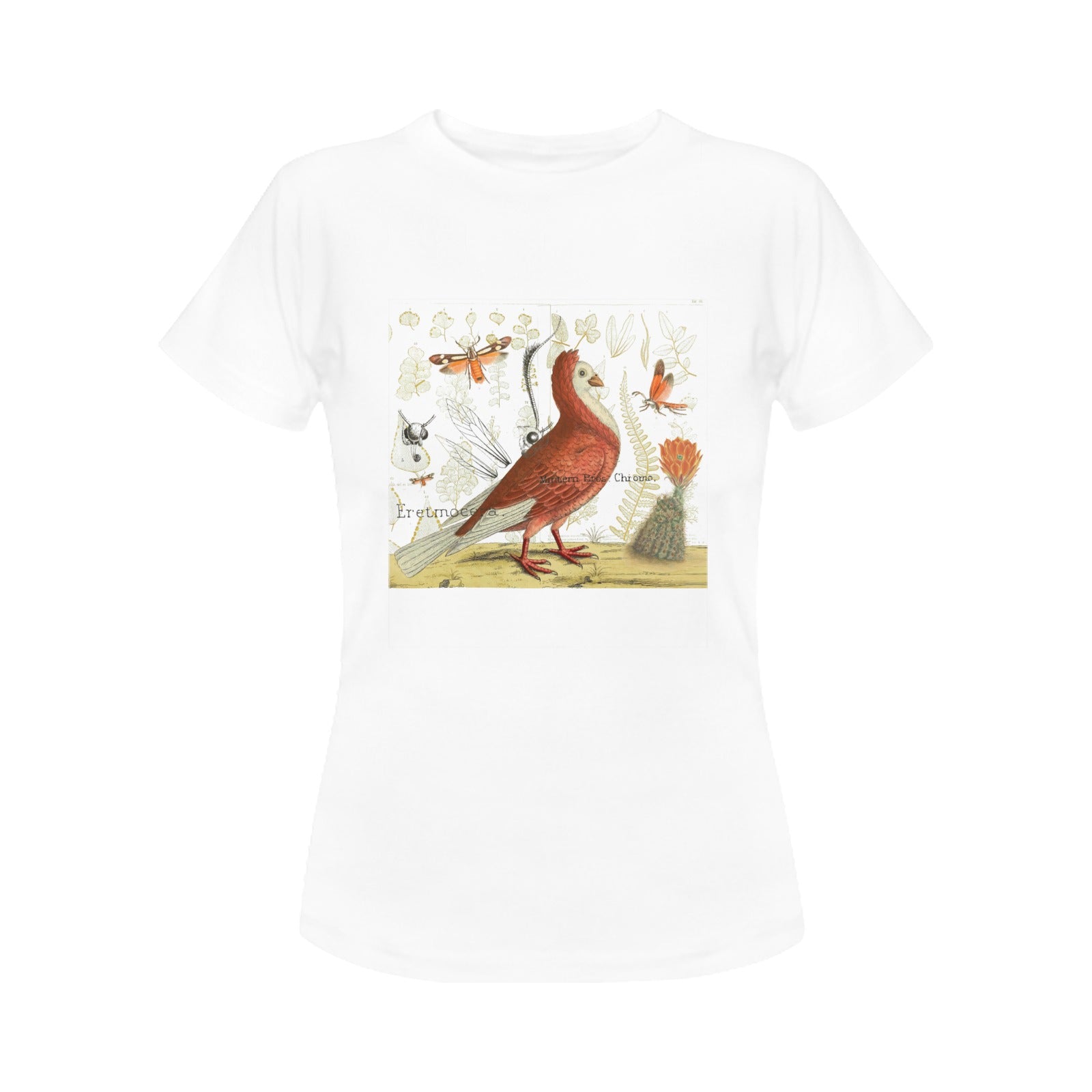 Pigeon and Cactus Women's Printed Cotton Tee Shirt featuring vintage nature illustrations on a classic cotton fabric.