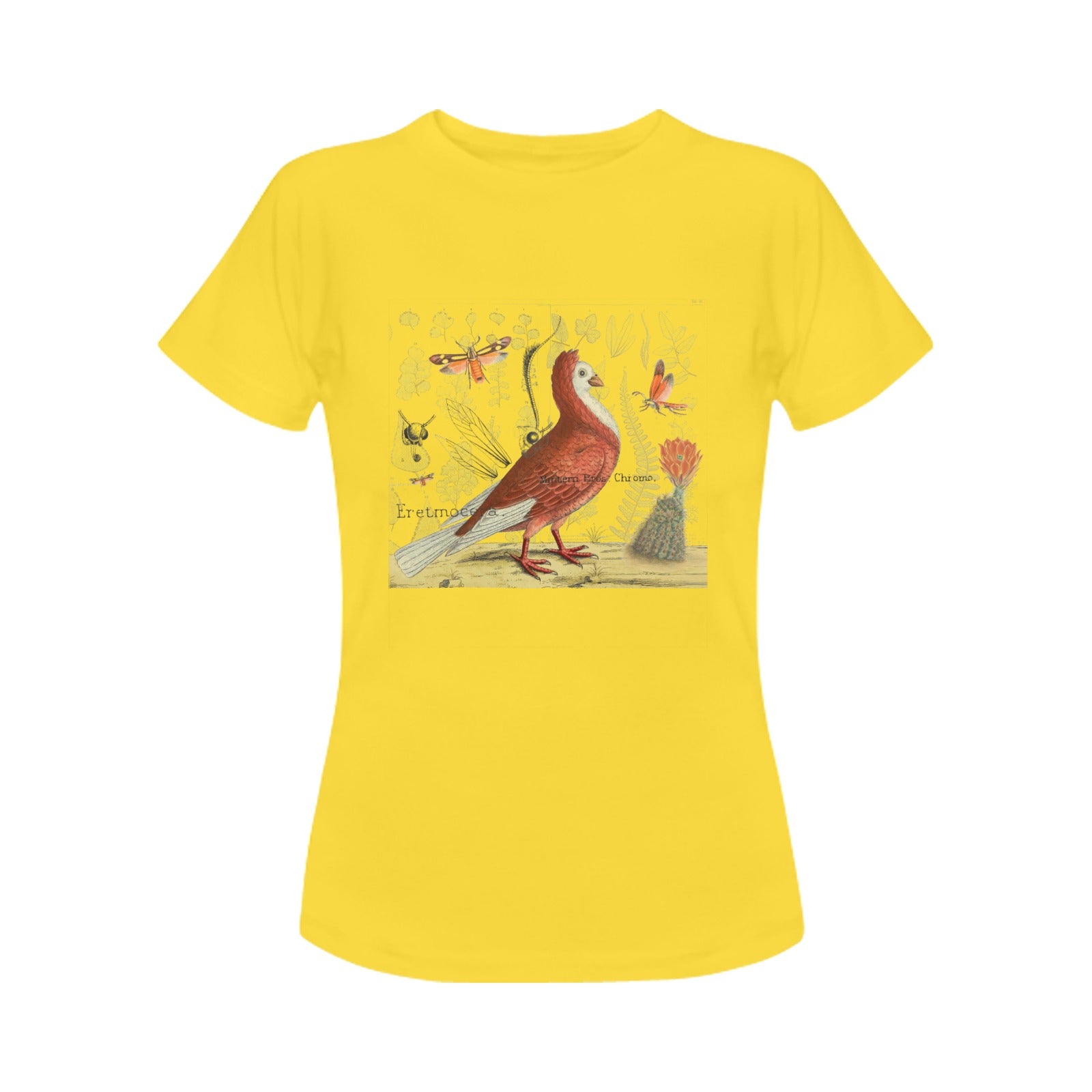 Pigeon and Cactus Women's Printed Cotton Tee Shirt featuring vintage nature illustrations on a classic cotton fabric.