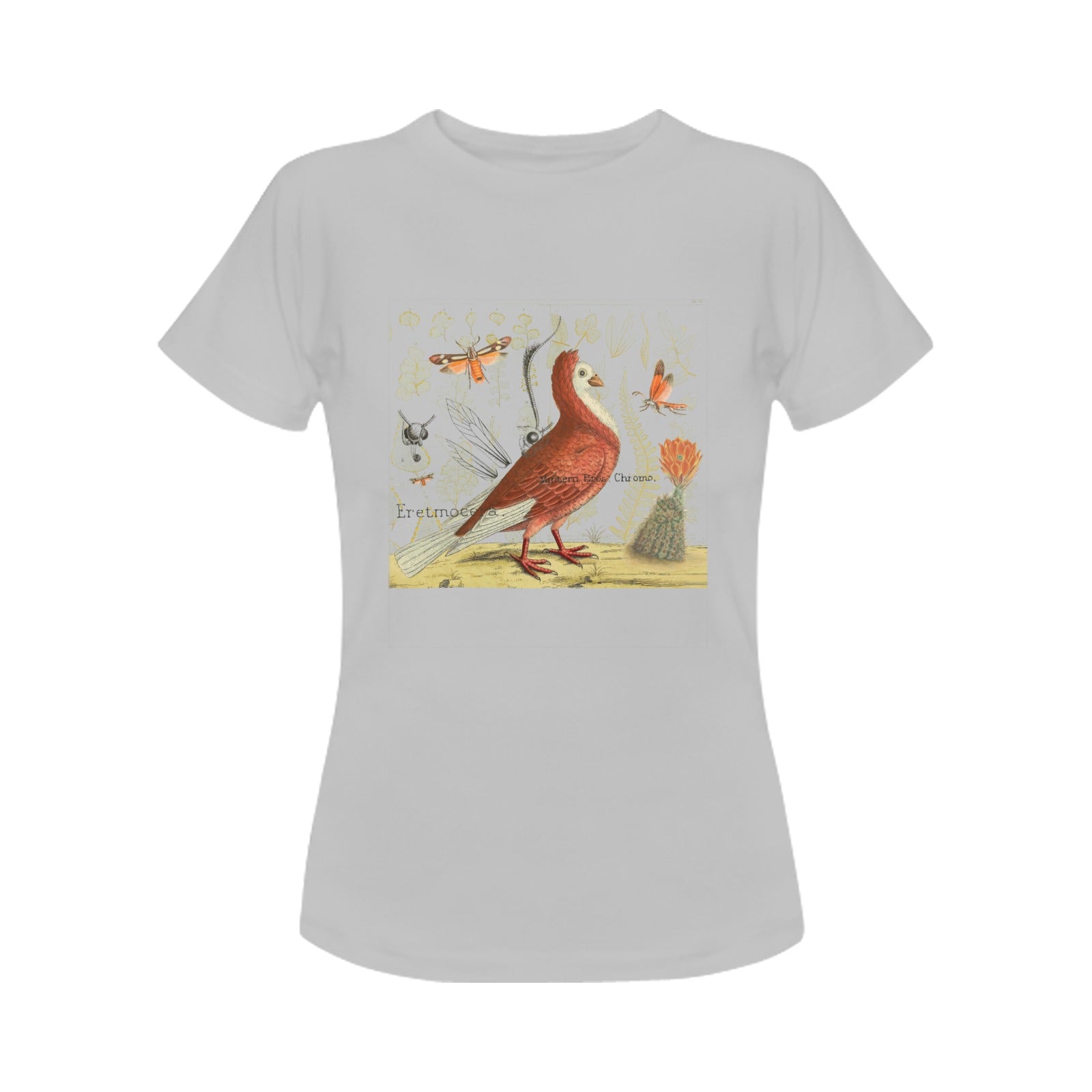 Pigeon and Cactus Women's Printed Cotton Tee Shirt featuring vintage nature illustrations on a classic cotton fabric.