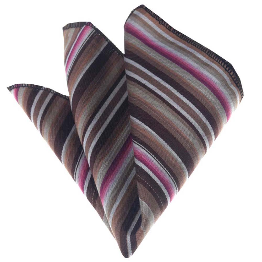 Elegant Pink Brown White Stripes Mens Pocket Square made from premium silk, showcasing a luxurious design suitable for formal and casual wear.