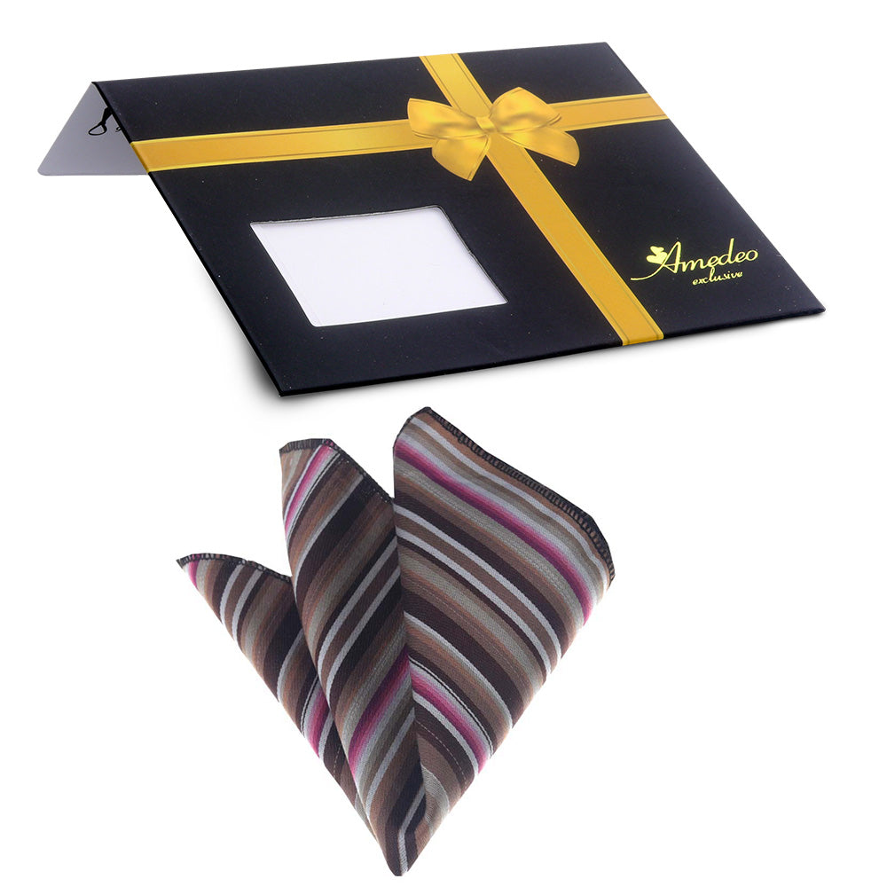 Elegant Pink Brown White Stripes Mens Pocket Square made from premium silk, showcasing a luxurious design suitable for formal and casual wear.