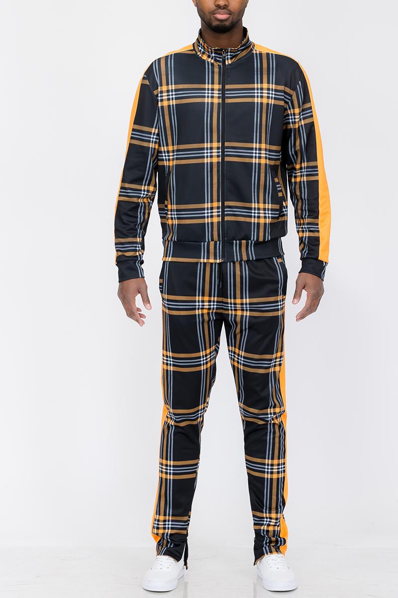 Plaid Track Jacket and Pant Set displayed on a mannequin, featuring a full zip jacket and elastic waist pants with ankle zippers.