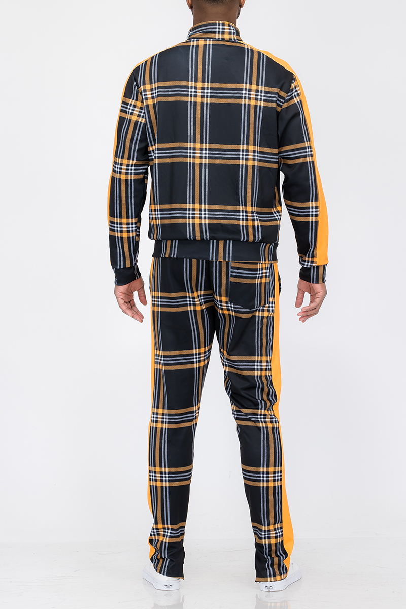 Plaid Track Jacket and Pant Set displayed on a mannequin, featuring a full zip jacket and elastic waist pants with ankle zippers.