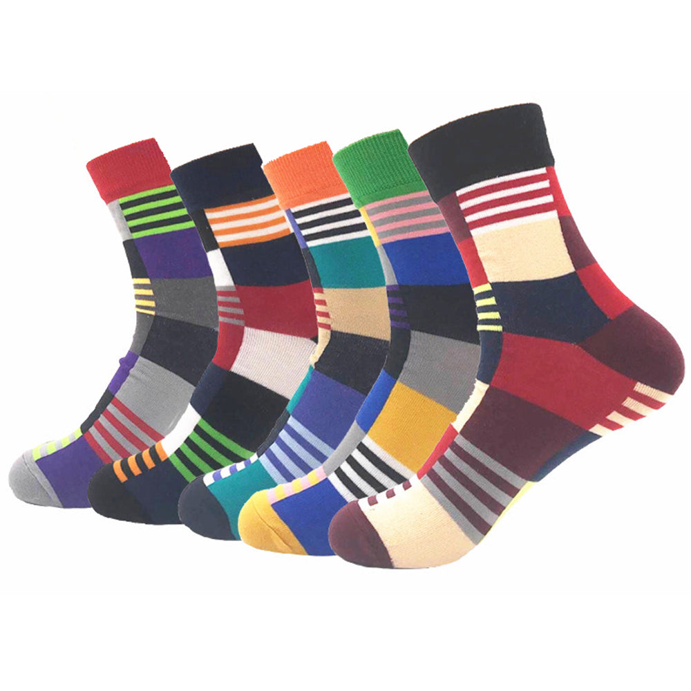 A pair of colorful mens crew socks made from premium cotton, featuring a ribbed design and soft elastic for a comfortable fit.