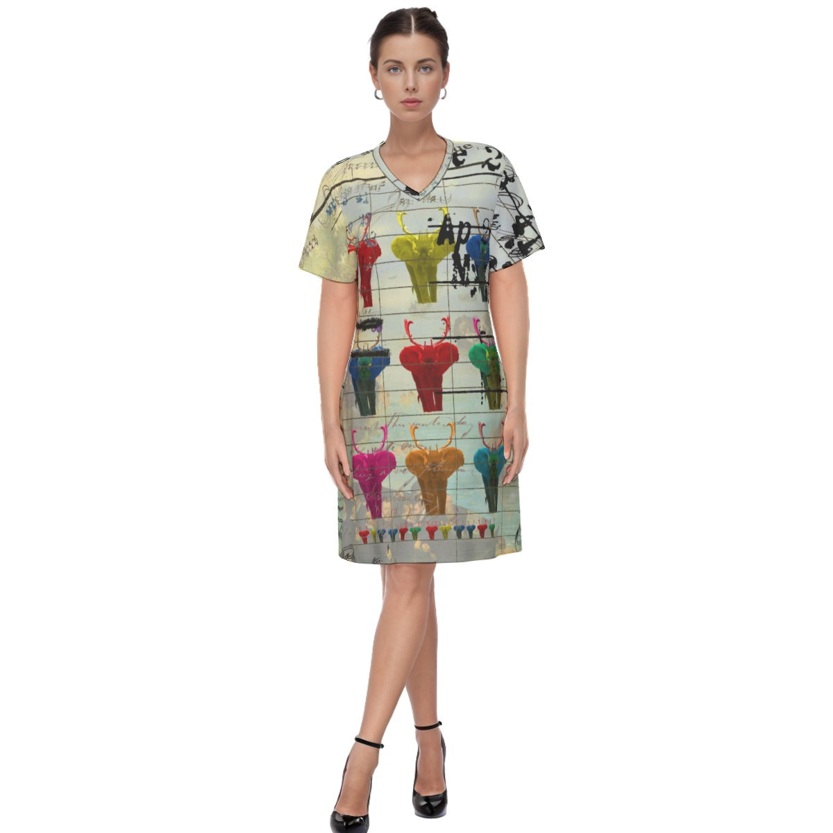 A colorful POP ART ANIMAL MIX V Neck Tee Dress featuring a vibrant all-over animal print, made from 100% cotton, knee-length design.