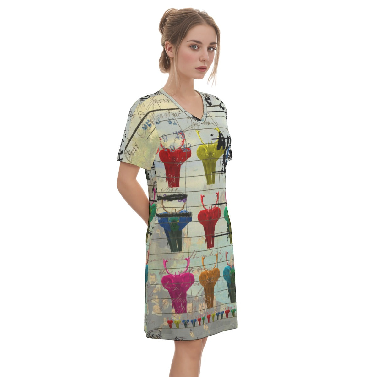 A colorful POP ART ANIMAL MIX V Neck Tee Dress featuring a vibrant all-over animal print, made from 100% cotton, knee-length design.