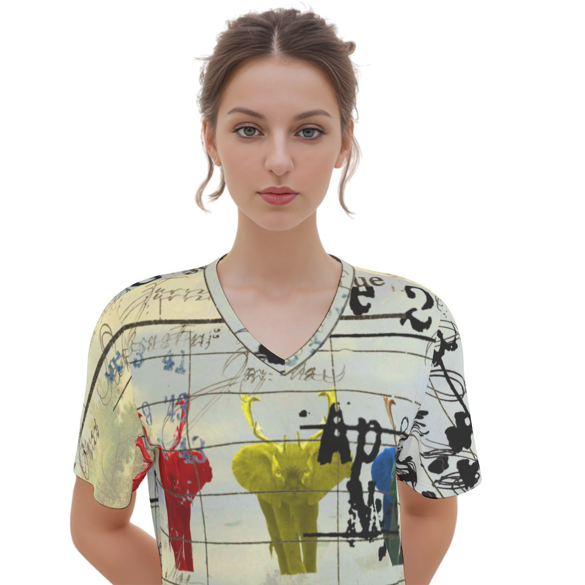 A colorful POP ART ANIMAL MIX V Neck Tee Dress featuring a vibrant all-over animal print, made from 100% cotton, knee-length design.