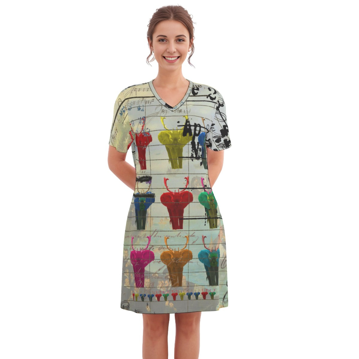 A colorful POP ART ANIMAL MIX V Neck Tee Dress featuring a vibrant all-over animal print, made from 100% cotton, knee-length design.
