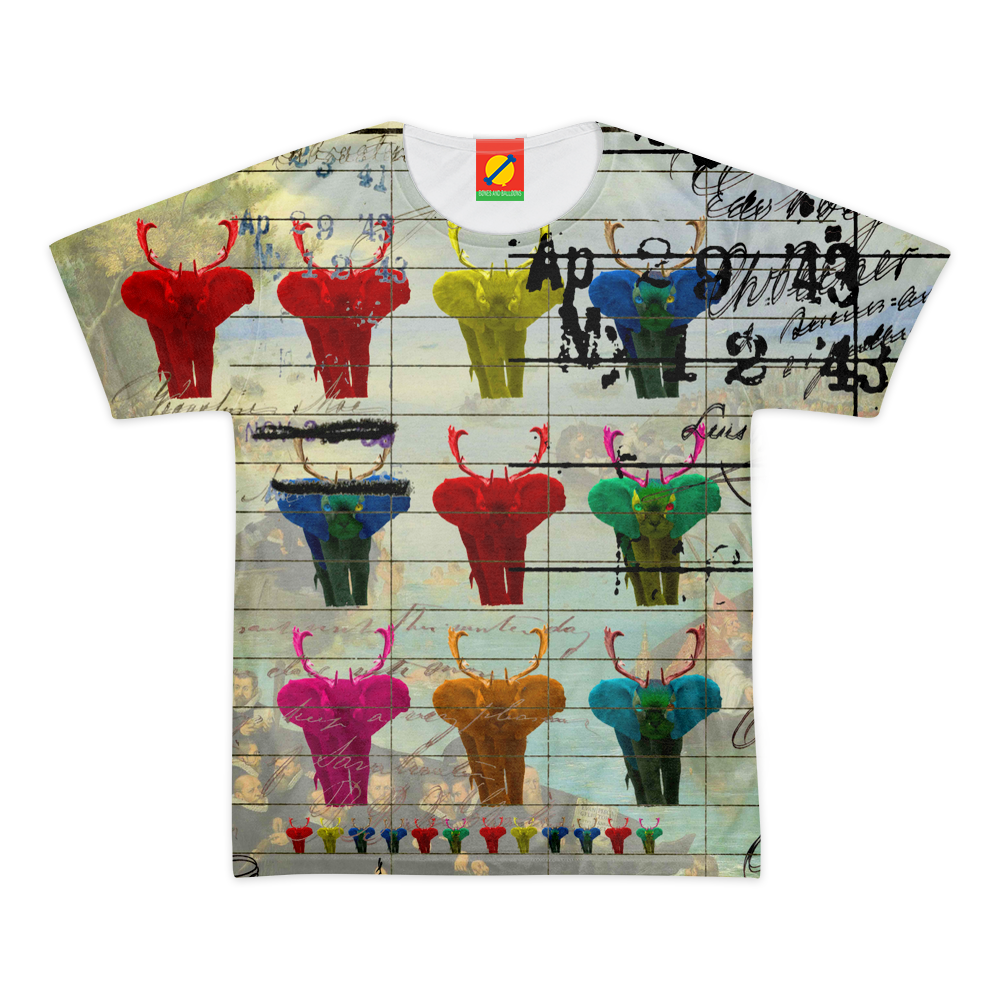 A colorful women's tee shirt featuring a vibrant pop art animal print, showcasing a round neck design and full-color coverage on both sides.