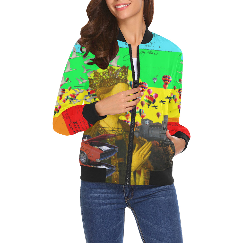 A vibrant PRAYER All Over Print Bomber Jacket for Women featuring colorful designs, zip front, and ribbed collar, perfect for street fashion.