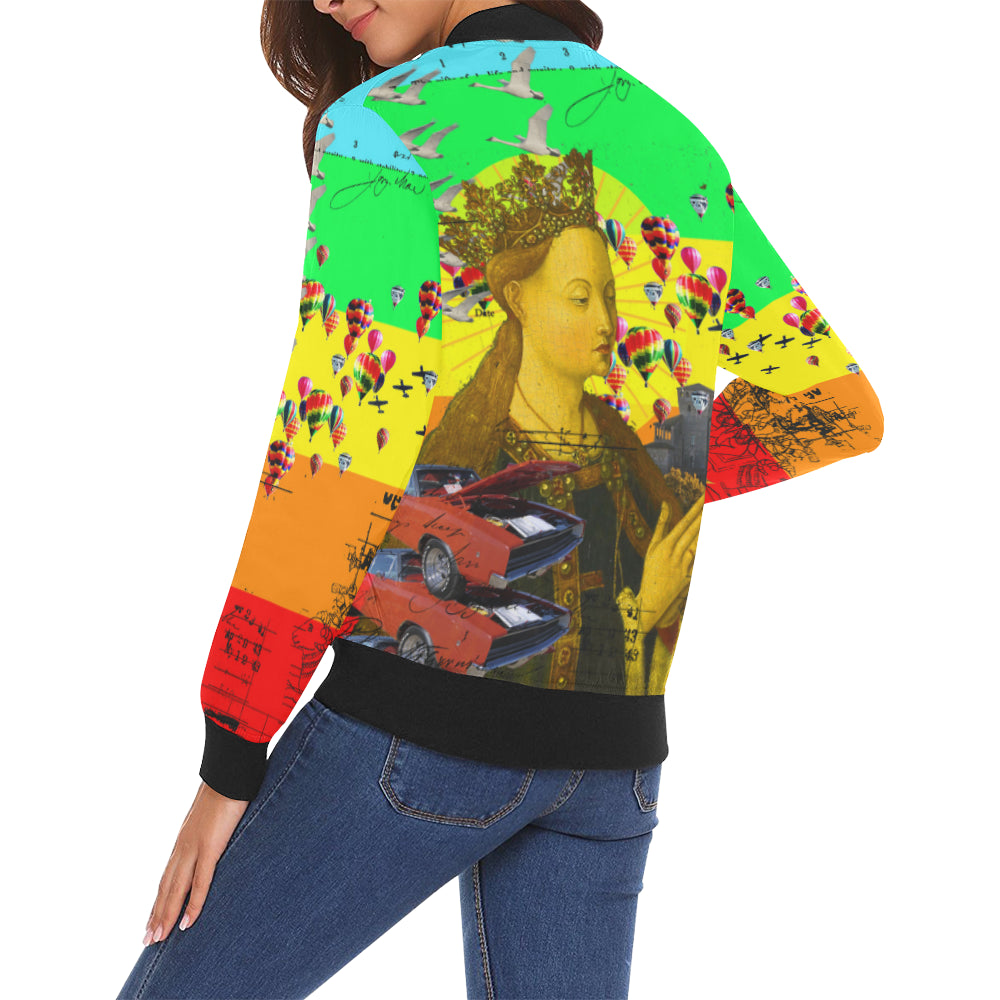 A vibrant PRAYER All Over Print Bomber Jacket for Women featuring colorful designs, zip front, and ribbed collar, perfect for street fashion.