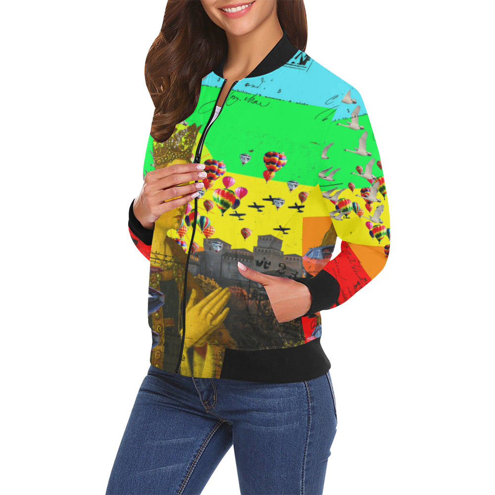 A vibrant PRAYER All Over Print Bomber Jacket for Women featuring colorful designs, zip front, and ribbed collar, perfect for street fashion.
