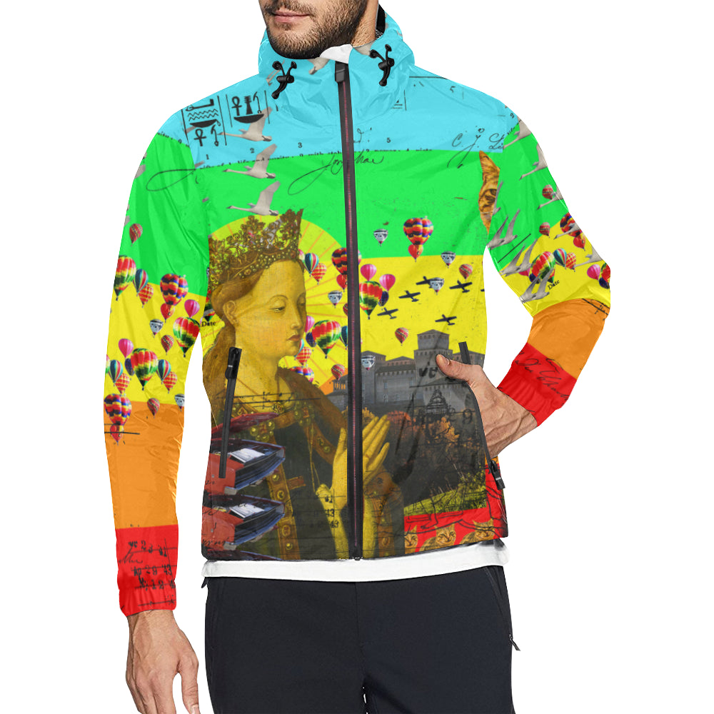Vibrant PRAYER All Over Print Windbreaker showcasing unique collage designs, featuring zip closure and adjustable hood.