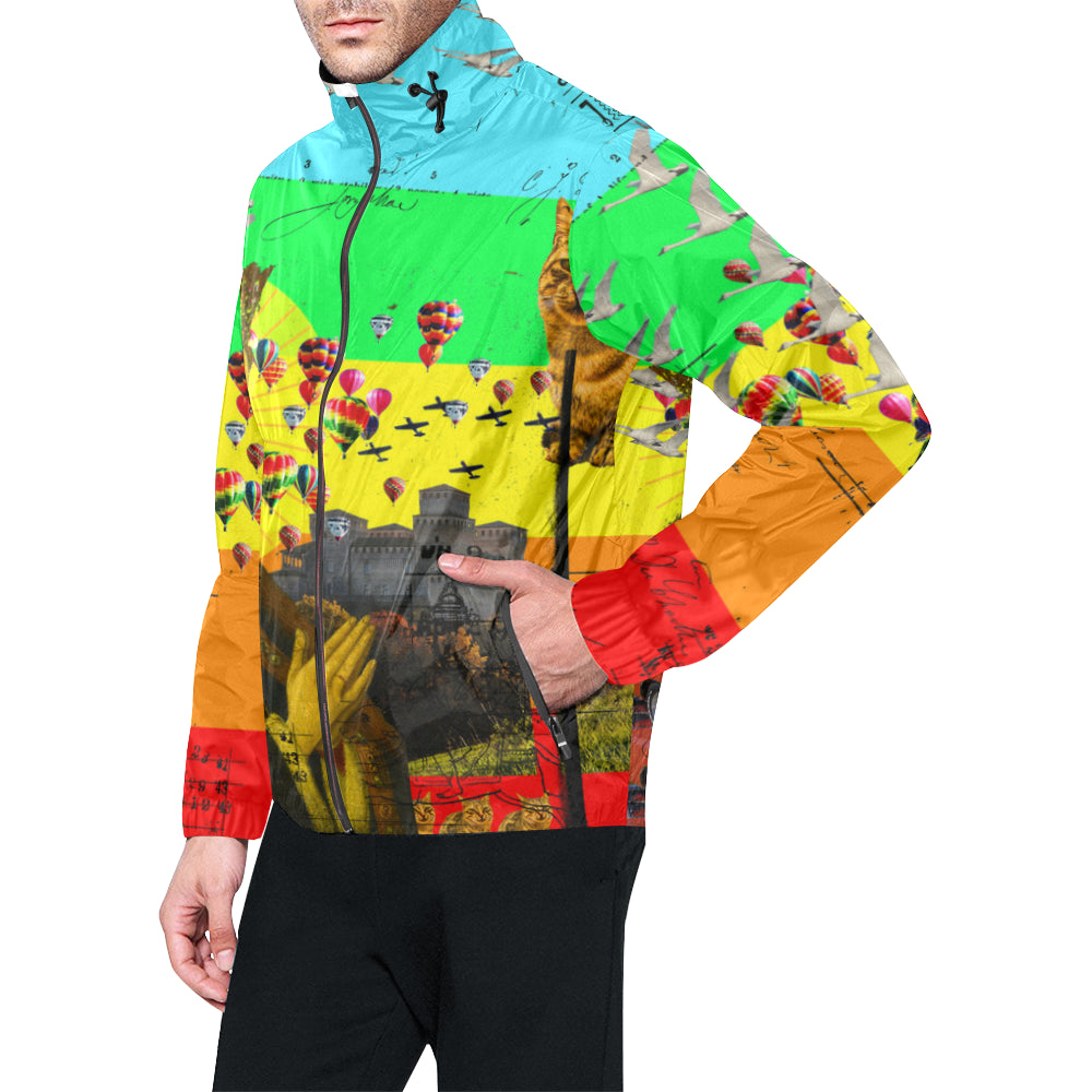 Vibrant PRAYER All Over Print Windbreaker showcasing unique collage designs, featuring zip closure and adjustable hood.