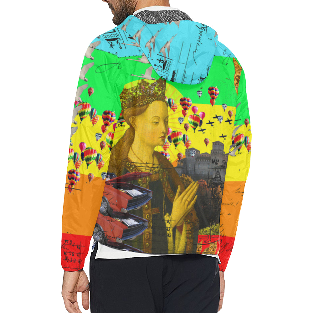 Vibrant PRAYER All Over Print Windbreaker showcasing unique collage designs, featuring zip closure and adjustable hood.