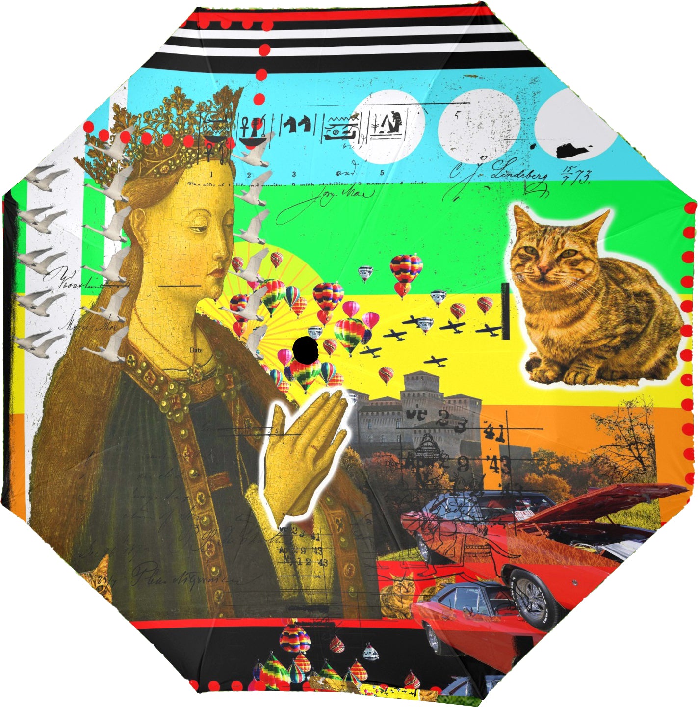 PRAYER II Semi-Automatic Foldable Umbrella with vibrant collage designs, showcasing its durable fabric and comfortable handle.