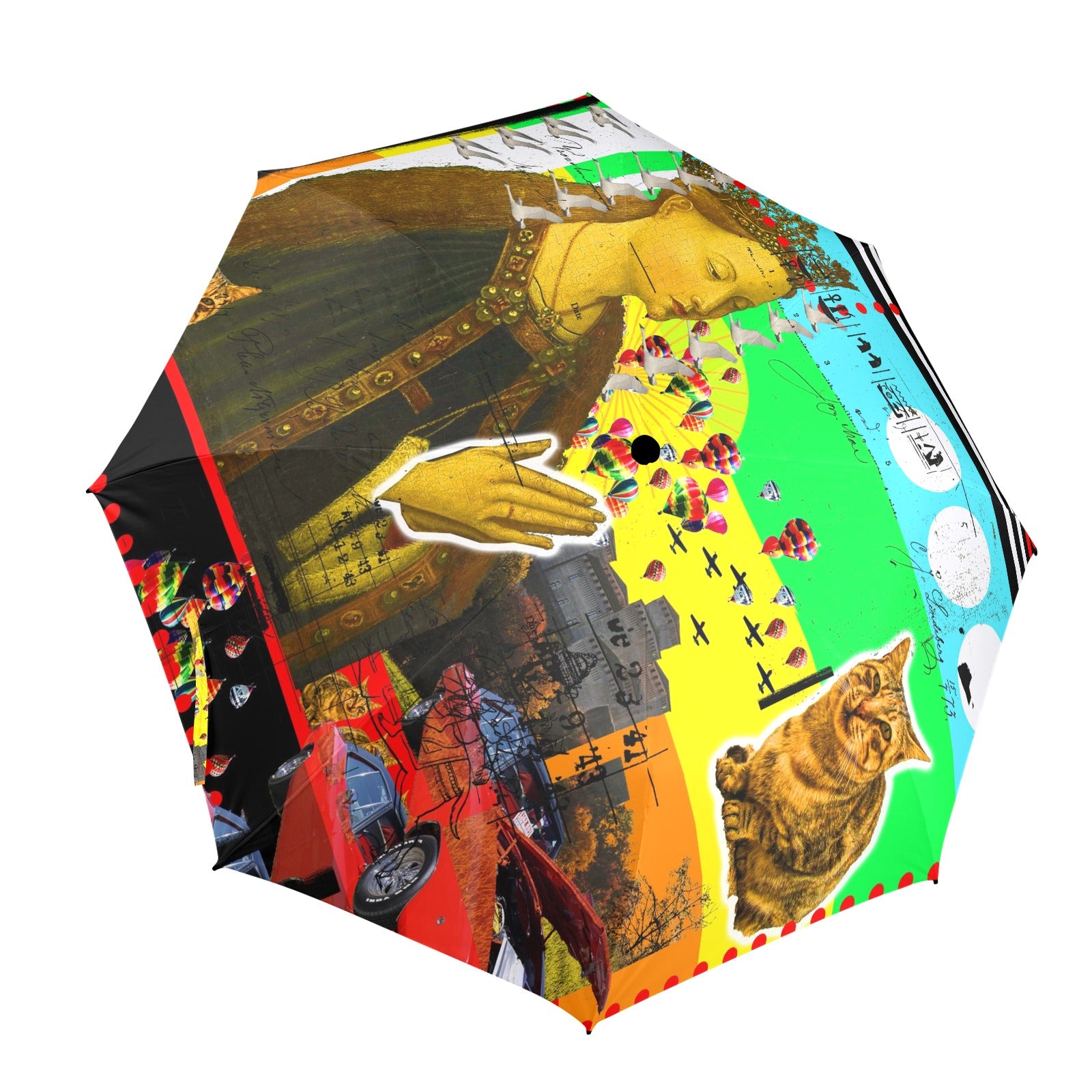 PRAYER II Semi-Automatic Foldable Umbrella with vibrant collage designs, showcasing its durable fabric and comfortable handle.