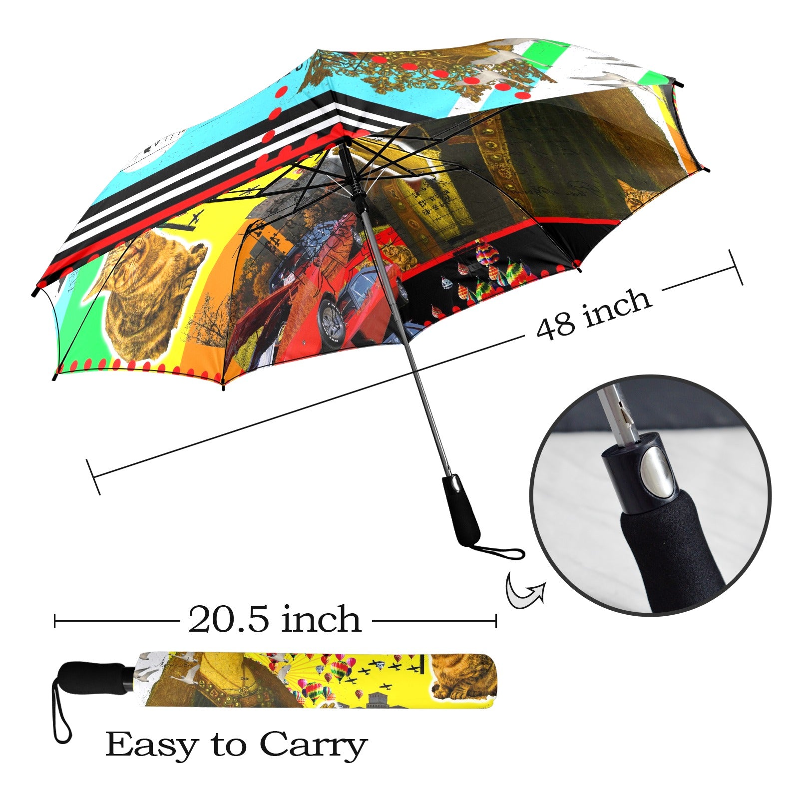 PRAYER II Semi-Automatic Foldable Umbrella with vibrant collage designs, showcasing its durable fabric and comfortable handle.