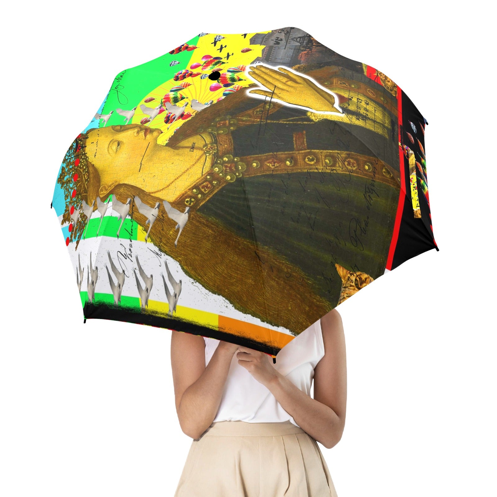 PRAYER II Semi-Automatic Foldable Umbrella with vibrant collage designs, showcasing its durable fabric and comfortable handle.