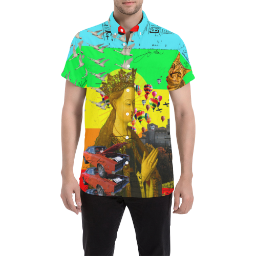 PRAYER Men's All Over Print Short Sleeve Button Down Shirt featuring vibrant patterns and a button-down collar.