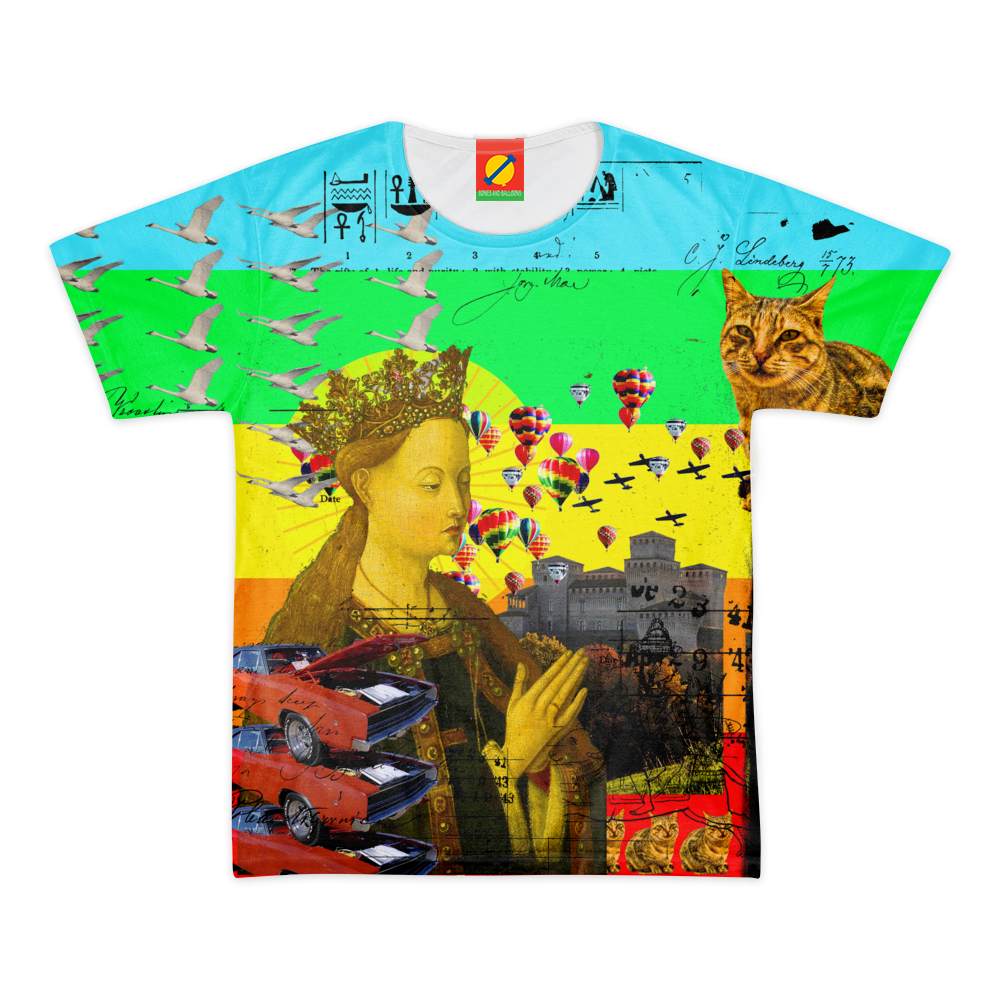 PRAYER Men's All Over Print Tee featuring vibrant colors and a classic round neck design, made from 100% cotton.