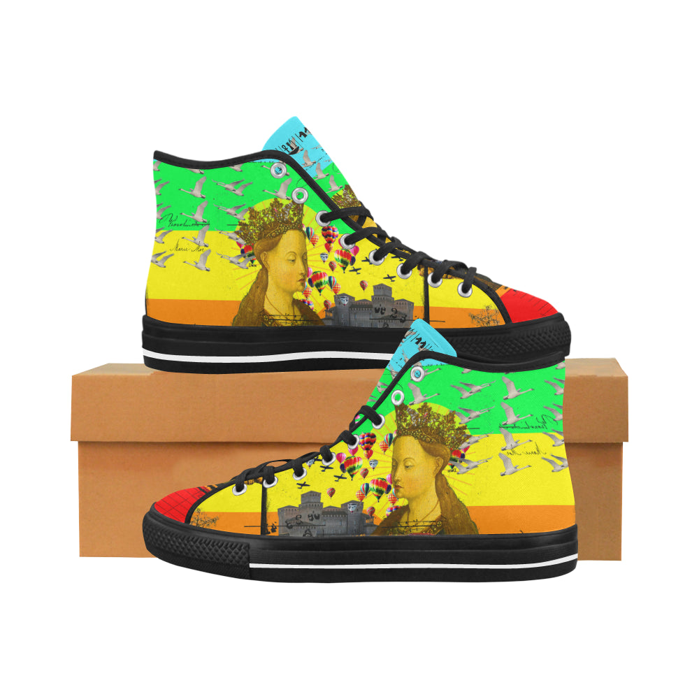 PRAYER Women's All Over Print Canvas Sneakers showcasing vibrant patterns and a stylish design, perfect for street fashion.