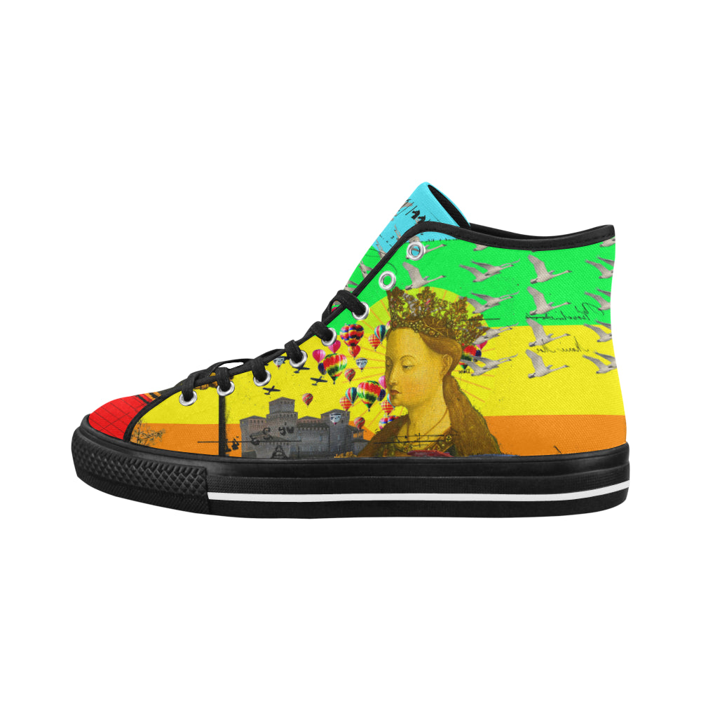 PRAYER Women's All Over Print Canvas Sneakers showcasing vibrant patterns and a stylish design, perfect for street fashion.