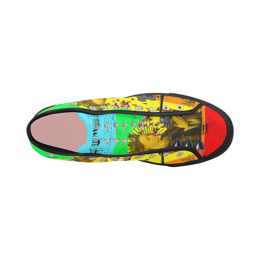 PRAYER Women's All Over Print Canvas Sneakers showcasing vibrant patterns and a stylish design, perfect for street fashion.