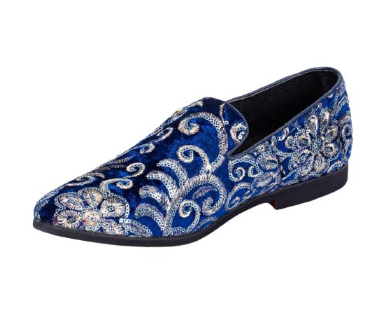 Premium blue and golden floral pattern loafers for men, showcasing a stylish design and comfortable fit.