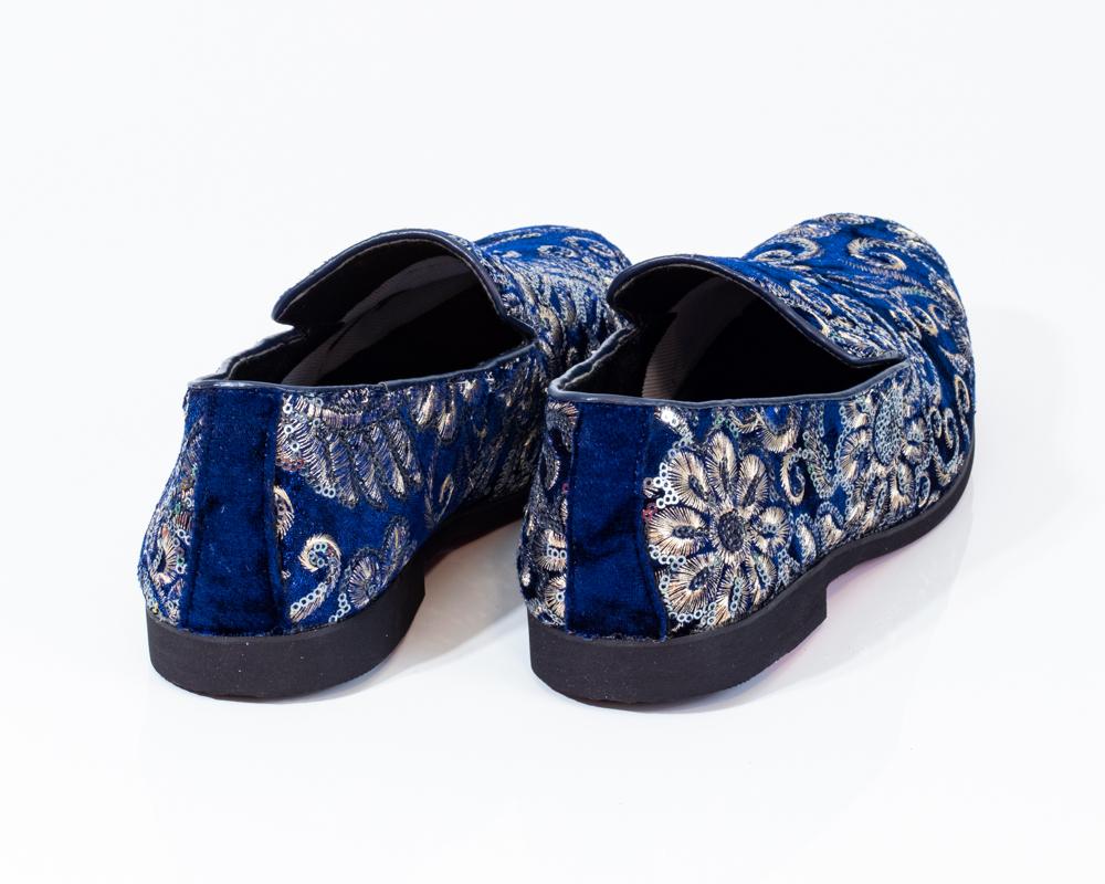 Premium blue and golden floral pattern loafers for men, showcasing a stylish design and comfortable fit.